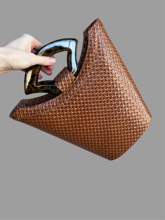 Usisi Sister Handbags - USISI SISTER Brown Woven Leather Tortoise Resin Handle Rollo Bucket Tote Bag